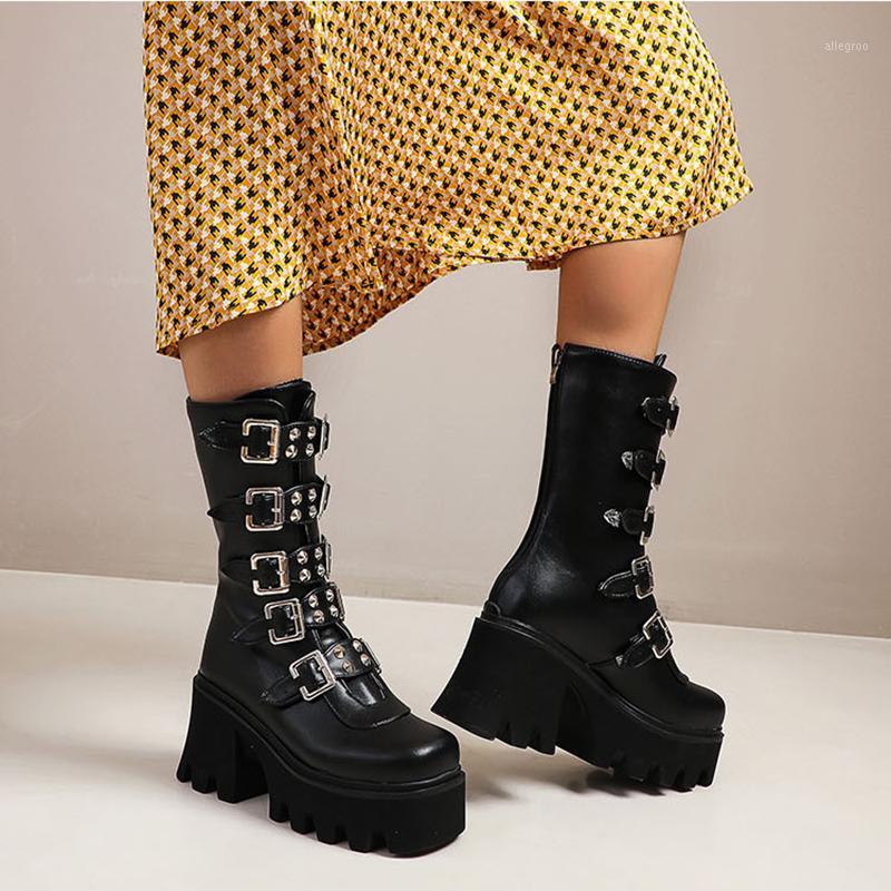 

Women Mid Calf Platform Boots Black Punk Style 2020 Fashion Thick Bottom Outdoor Woman Shoes Round Toe Back Zipper Ladies Boots1, Black boots