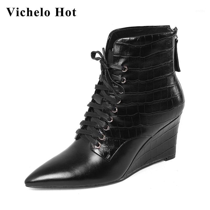 

Vichelo Hot new genuine leather pointed toe high heel wedges European style office lady daily wear cross-tied ankle boots L381, Black
