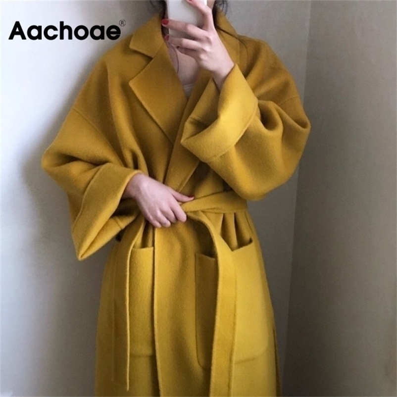 Aachoae Elegant Solid Long Wool Coat Women Batwing Long Sleeve Loose Pocket Coat Split Hem Chic Stylish Jacket Winter Autumn 201218Z