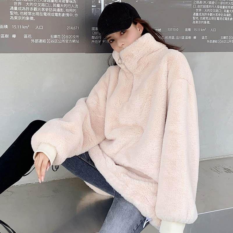 

JuneRain Turtleneck Furry Sweatshirt Women Winter Casual Plush Faux Fur Coat Vintage Thick Korean Zipper Keep Warm Hoodies Tops, Beige