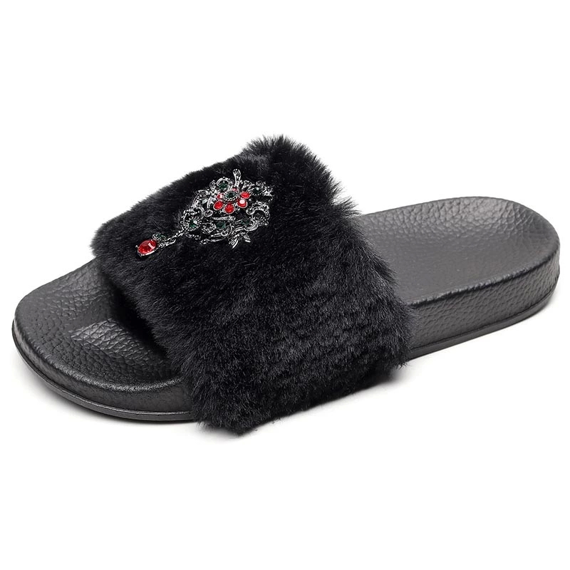 

Shoes Women Fashion Diamond Plush Women Sandals Warm Furry Slides Casual Sandals Flats Slipper Fluffy Furry Shoes #L681, Black