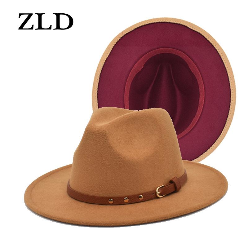 

Wide Brim Hats ZLD Double-sided Colorblock Vintage Women Jazz Hat Fashion Felt Elegant Ladies Gentleman Caps Casual Men Cowboy Cap