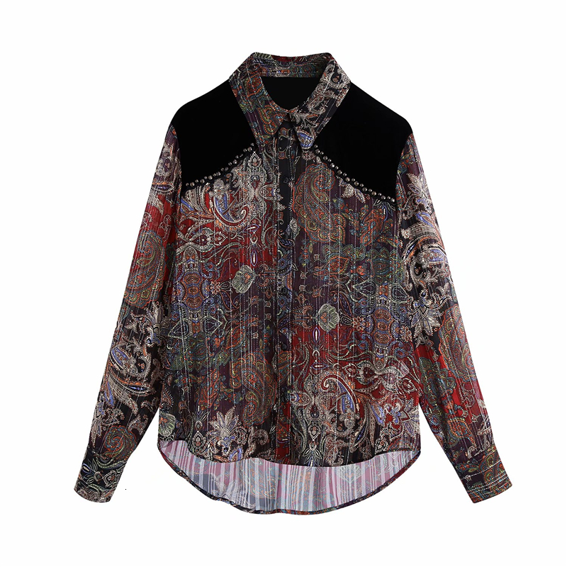

2021 New Vintage Women Veet Patchwork Shirts Fashion Ladies Turn Down Collar Rivet Tops Streetwear Female Chic Mesh Chiffon Blouse 1f9z, Multi