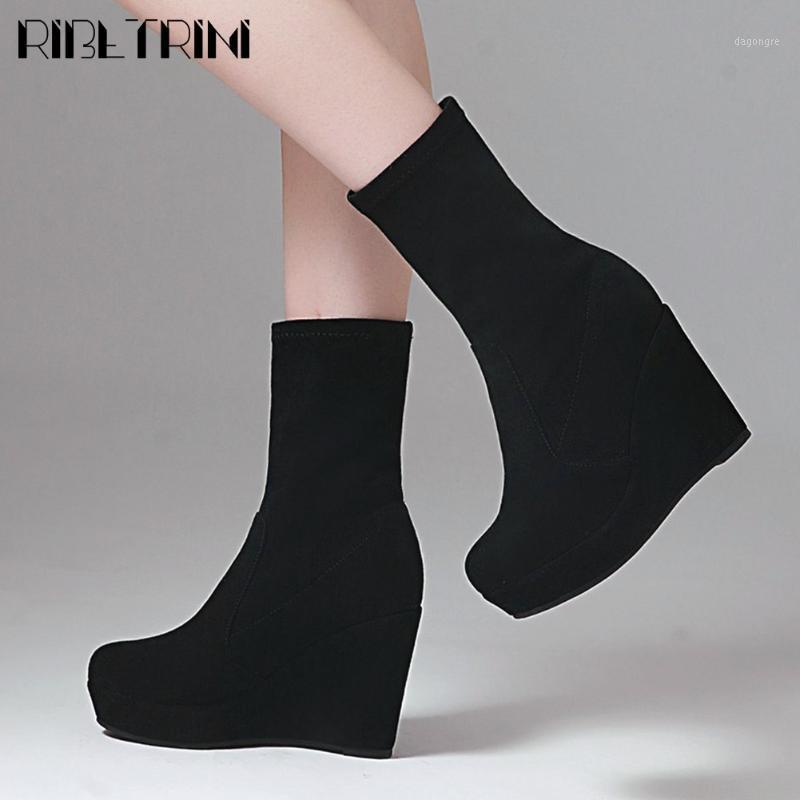 

RIBETRINI Lady Wedges New Autumn Brand Shoes Fashion Round Toe Ankle Women Boots Slip On Casual Sock Boots1, Black