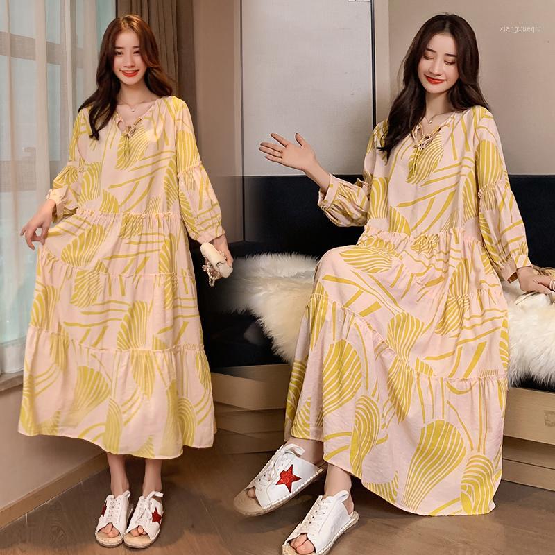

9467#Maternity Clothes Summer Cotton Short Sleeve Yellow O neck Loose Stylish Dress for Pregnant Women Mom Dress1