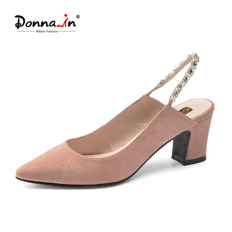 

Donna-in Women Slingbacks Shoes High Heels Kid Suede Point Toe Summer Sandals Black Pink Crystal Sexy Women Pumps Ladies Shoes