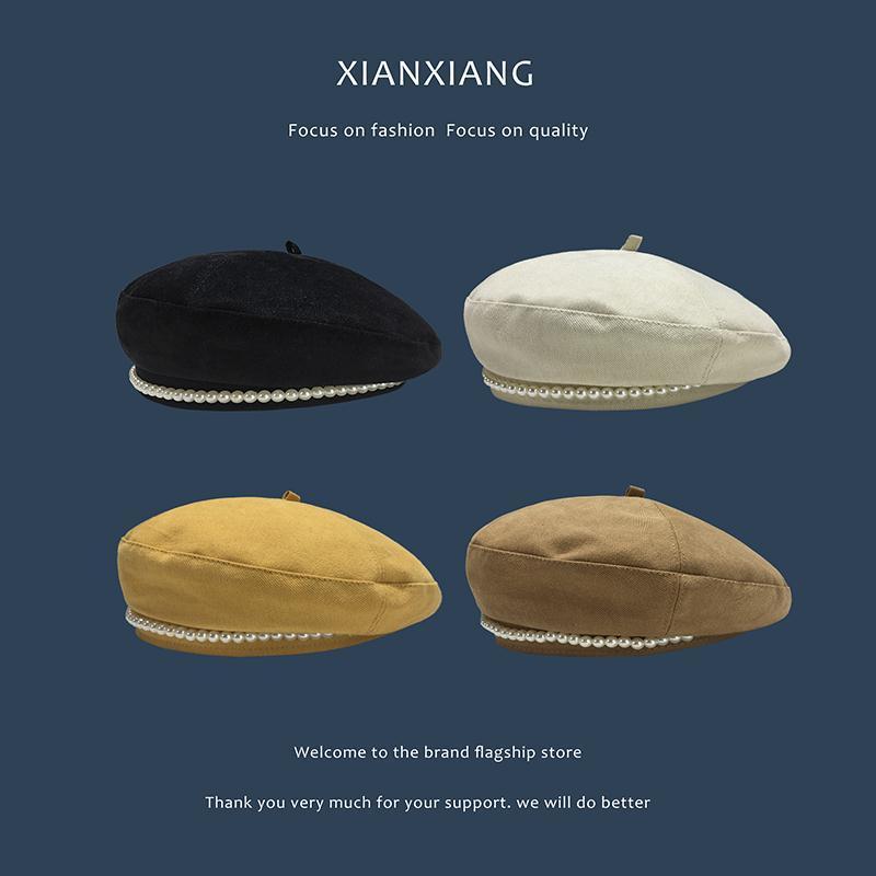 

Pearl French Beret Caps for Women Autumn Winter Outdoor Berets Street Style Plain Cap Wool Warm Femme Girl's Beanie Hat Caps, Yellow