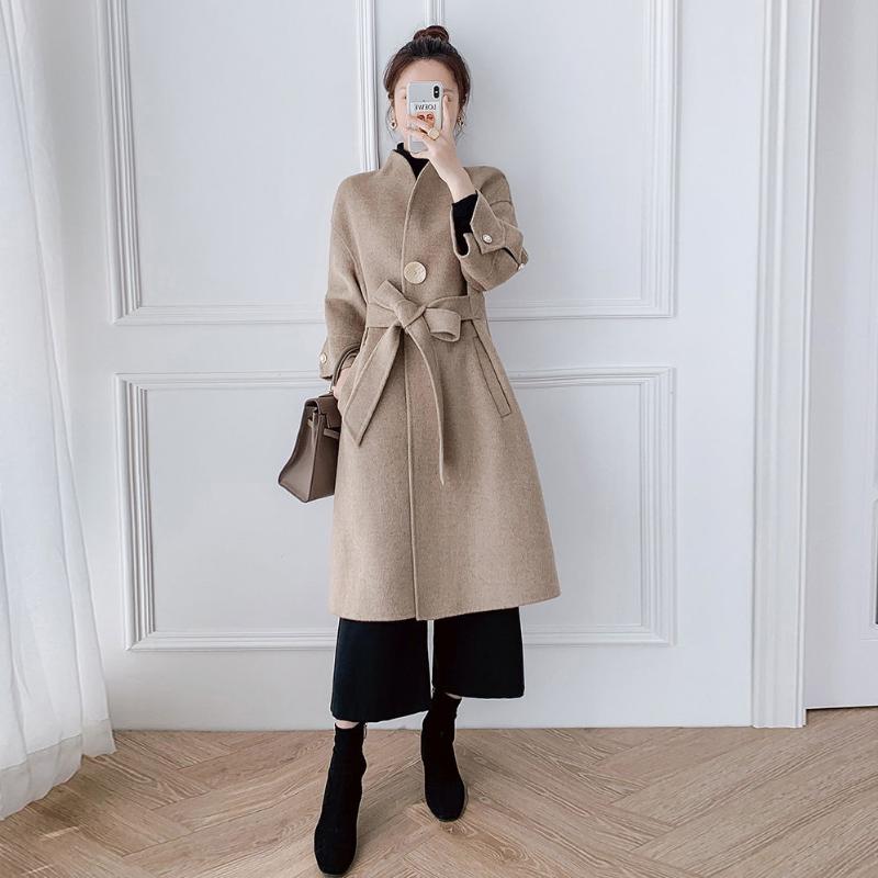 

Women New 2021 Autumn Winter Double-Faced Cashmere Wool Long Coats Female Warm Woolen Coat Warm Woollen Overcoat Outerwear B508, Camel