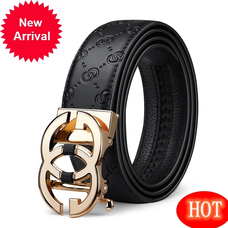 

Williampolo automatic buckle l high quality top leather fashion for men's youth double G-button belt, Black