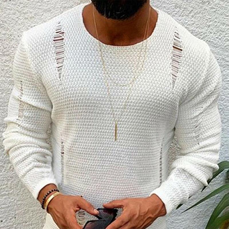 

Men Ripped Sweater Cotton Soft Male Winter Warm Knit Clothes Casual Cool Pullover O-Neck Long Sleeve Men Ripped Sweater, White