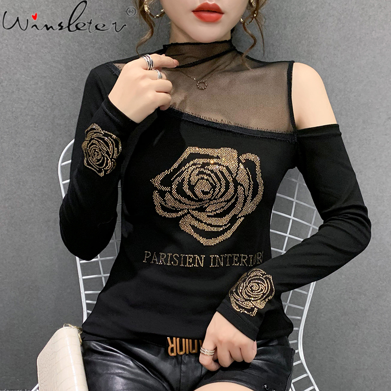 

Spring Fall Korean Style T-shirt Chic Sexy Diamonds Rose Patchwork Women Tops Ropa Mujer Long Sleeve All Match Tees T09903L 201125, Black tshirt