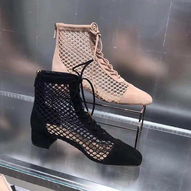 

2020 New Spring Autumn Boots Women Air Mesh Women Shoes Front Lace Up Short Booties Chic Heel Botas Brand Star Shoes, As pic