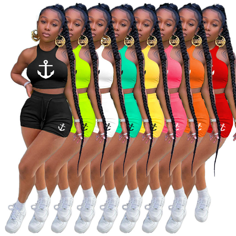 

Wholesale Summer Clothes Women Tracksuits Sleeveless T Shirt Shorts Two Piece Set Anchor Print Outfits Casual Sports Suits Bulk 7098, Black