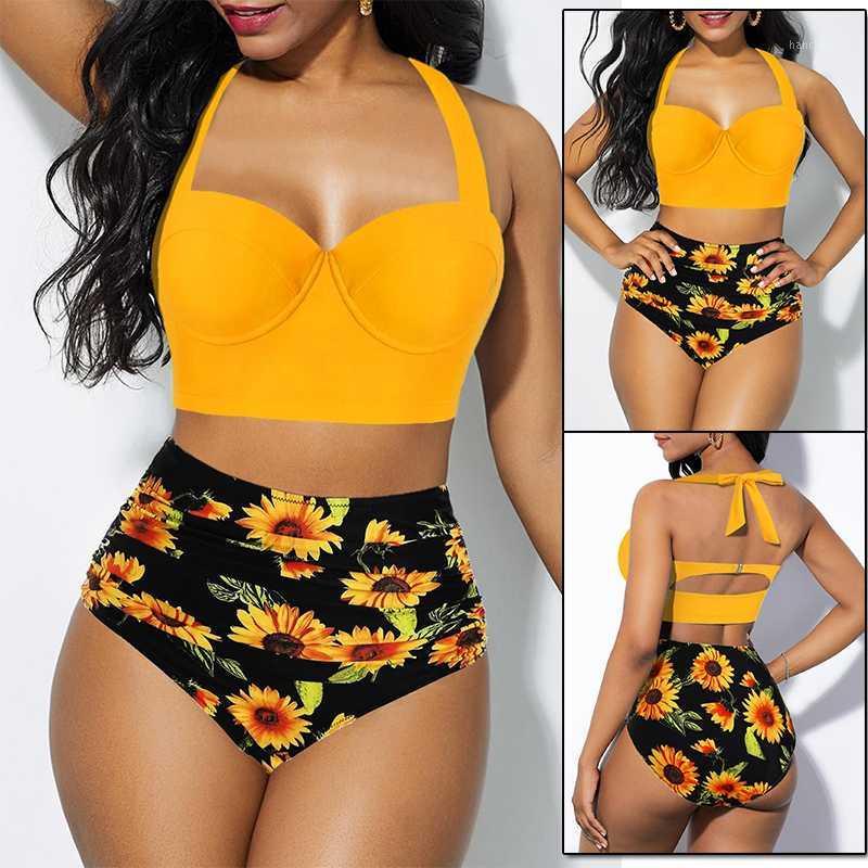 

Women Fashion Sunflower Print Sleeveless Bikini Set Top Shorts Two Piece Set Swimsuit Bathing Suit Swimwear Beach Wear Tankinis1