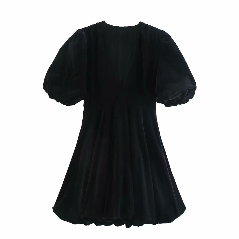 

2021 New Elegante De Veludo Preto Moda Senhoras V-neck Lanterna Manga Vestidos Sexy Feminino Doce Princesa Vestido Menina 06sn, Black