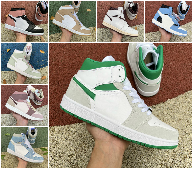 

Jumpman 1 Basketball Shoes 1s OG Trainers Designer Gorge Green Light Bone University Blue Hand Crafted Grey Green Tan Gum Brushstroke Chicago Lost and Found Sneakers, Bubble package bag