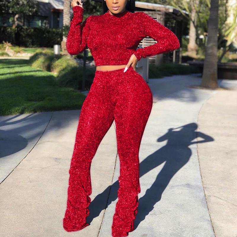 

Sexy Autumn Women' Fashion Two Piece Silver Line Pleated Pants Long Sleeve Solid Colors Short Pullover Tops Club Party Sets#g3, Red