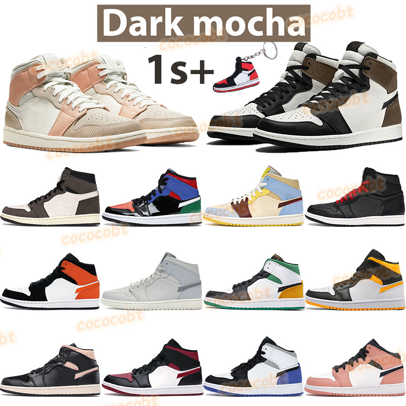 

Mid high dark mocha 1 1s basketball shoes travis scotts milan men women sneakers chicago tie dye white laser orange sports trainers keychain, 12. black gym red