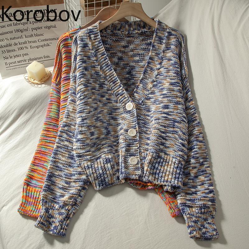 

Korobov 2020 New Arrival Hit Color Women Cardigans Korean V Neck Long Sleeve Streetwear Sweater Vintage Single Breasted Knitwear, Blue