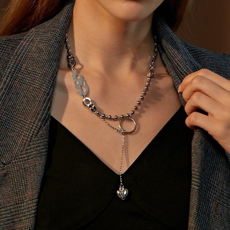 

Vsnow Unique Design Metallic Love Heart Flame Pendant Necklaces for Women Beaded Chain Man Double Layers Necklace Jewelry Gifts