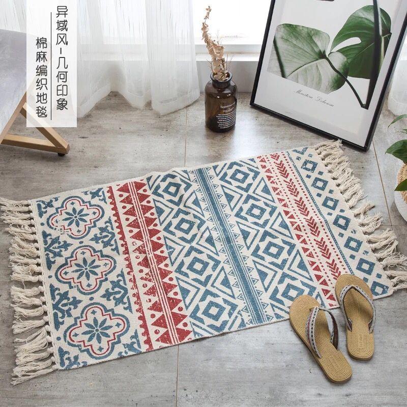 

Retro Bohemian Hand Tassel Woven Cotton Linen Carpet Bedside Rug Geometric Floor Mat Long Rug Bedspread Tapestry Home Decoration