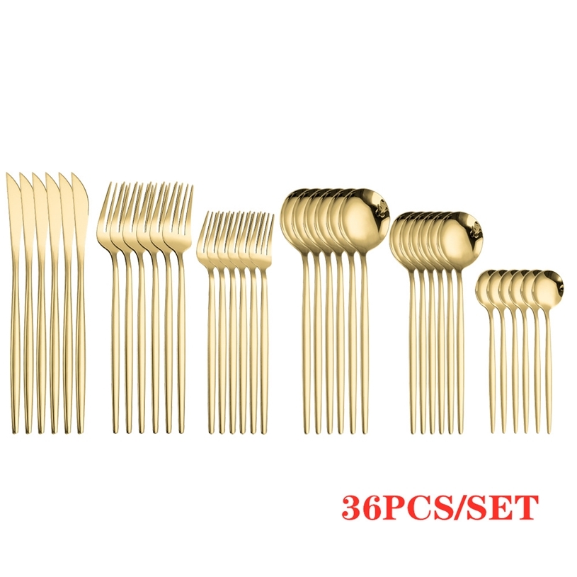 

Gold Cutlery Sets Golden Spoons Forks Knives SetStainless Steel Knife Fork Coffee Spoon Chopsticks Mirror Dinnerware Set 211228, 6pcs tea fork