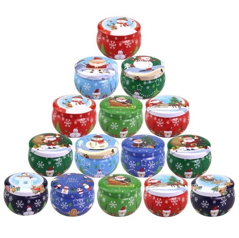 

Xmas Tinplate Box Christmas Santa Snowman Elk Print Candy Tea Candle Box Aromatherapy Candle Jar Xmas Gift Storage Box Wholesale