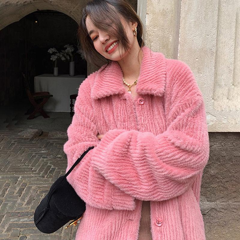 

European New Winter Loose Casual Faux Fur Thickend Pink Single Breasted Medium and Long Fur Coats Women Fashion Streetwear 2021