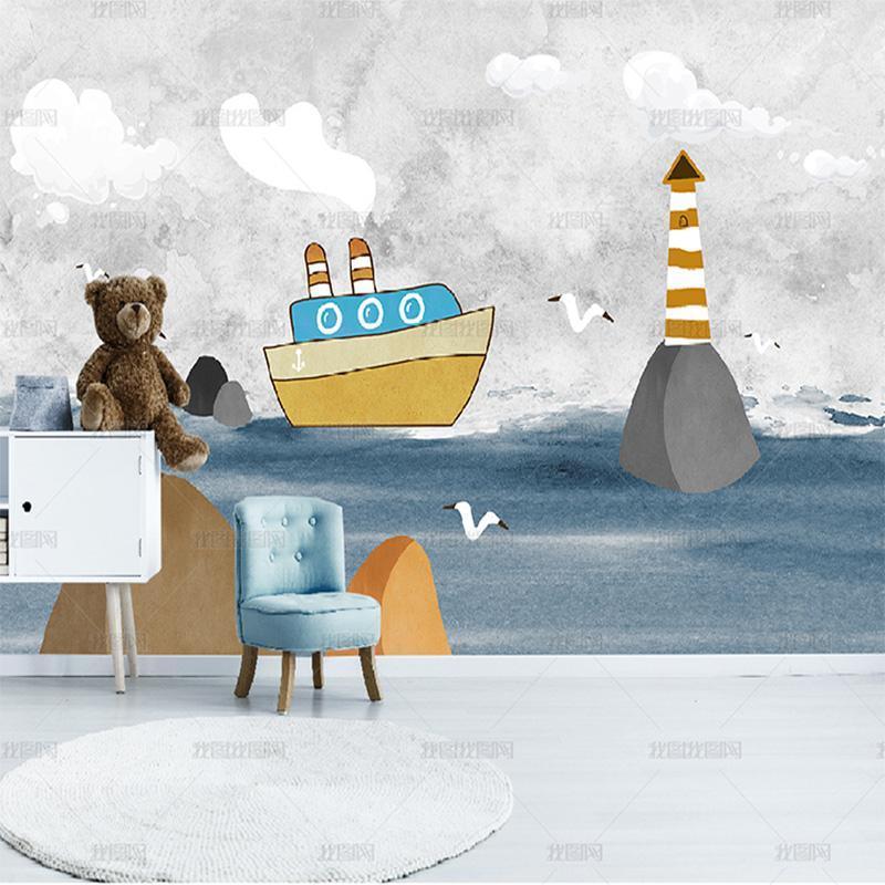 

Nordic Abstract simple wallpaper sea ship reef lighthouse wallpaper mural children's room bedroom living room background wall1, Silk cloth
