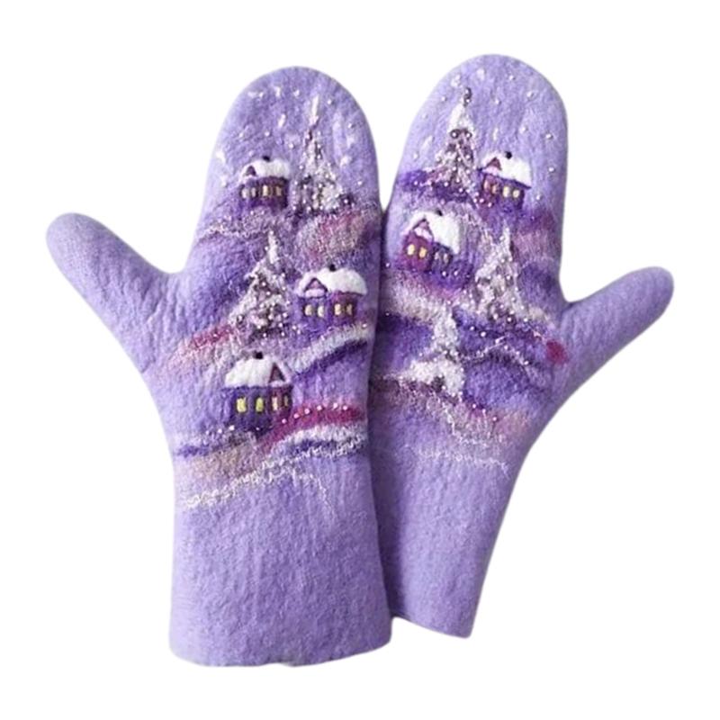 

Women Faux Cashmere Gloves Christmas Landscape Houses Tree Print Warm Mittens X7JB