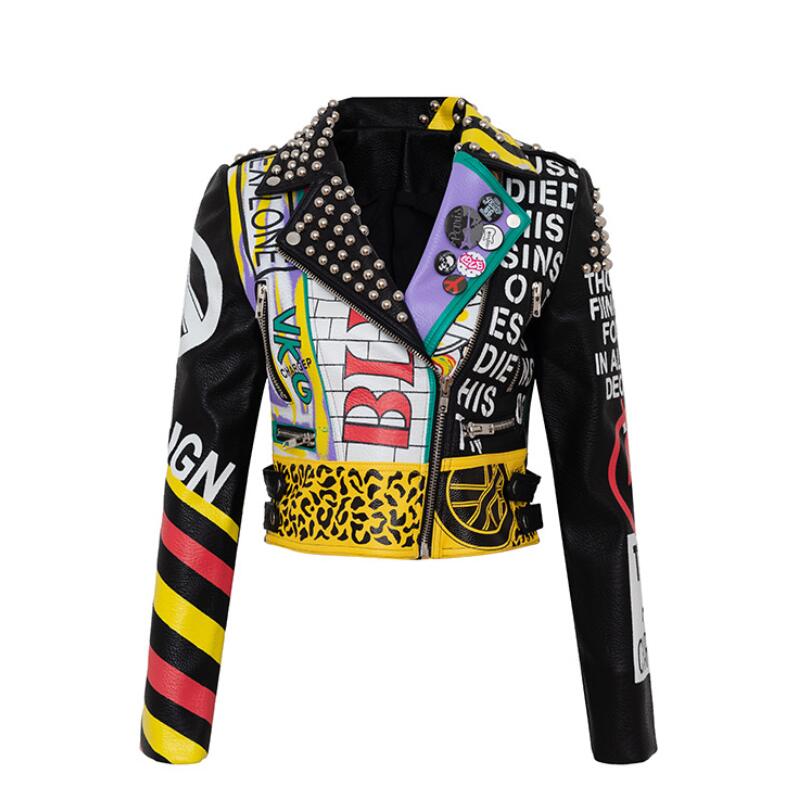 

Leather Jacket Women Graffiti Colorful Print rivet Biker Jackets and Coats PUNK Streetwear Ladies Short Jacekt Outerwear clothes w1219, Black