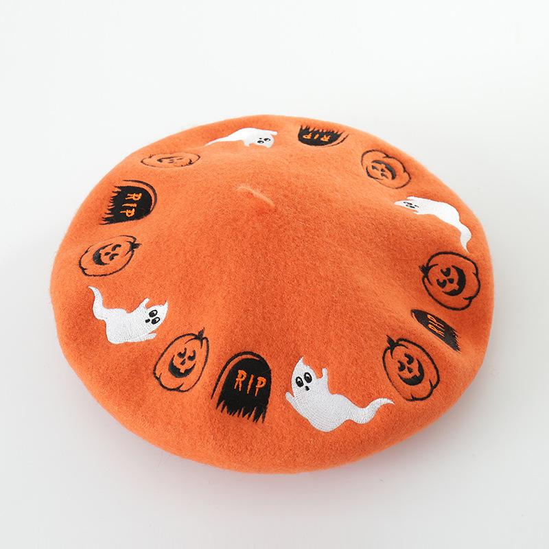 

New Autumn and Winter Halloween Cartoon Embroidered Wool Beret in2020,Artist's hat,lady's fashionable woolen bud hat wool beret, Orange