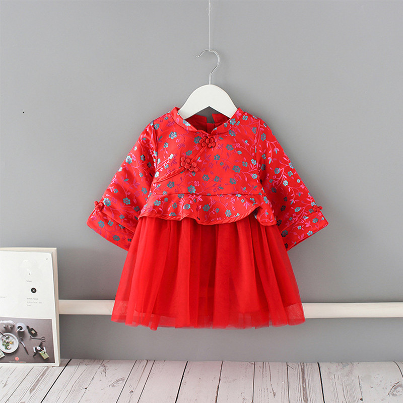 

2021 New Christmas Autumn Chinese Style Toddler Floral Kids Es for Girls Lace Children Clothing Ball Gown 0-5y Tv2a, Red