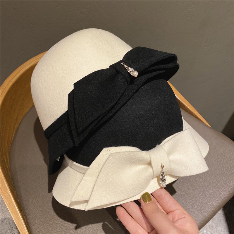 

2020 New Product Dinner Party Wool Top Hat Black Bow Tie French White Temperament Celebrity Elegant Retro Hat
