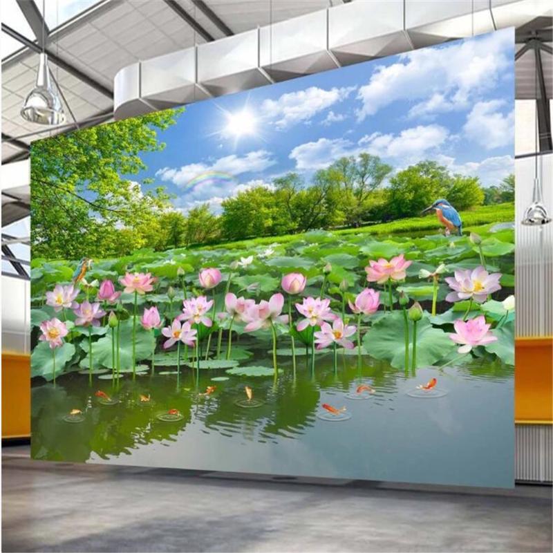 

Milofi custom large wallpaper mural lotus pond beautiful natural scenery lotus landscape painting living room TV background wall, Silk cloth