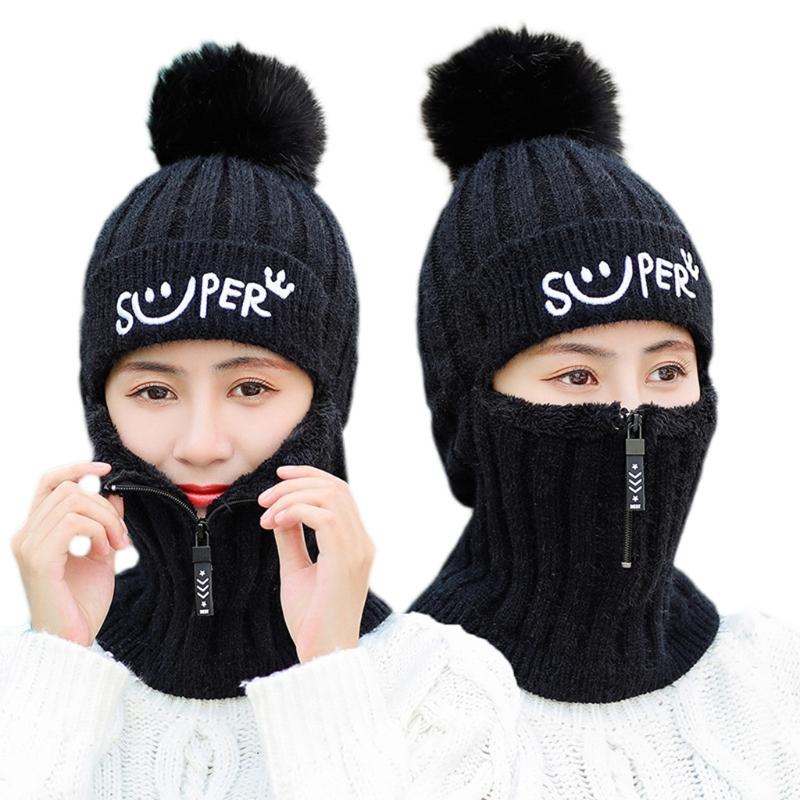 

Beanie/Skull Caps Women Winter Knitted Beanie Balaclava Hat Letters Embroidery Faux Fleece Lined Zipper Face Mask Neck Warmer Outdoor Ski Ca