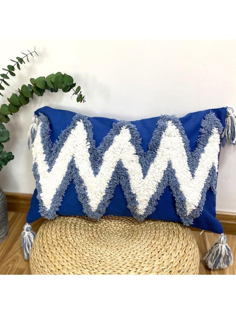 

30x50cm Boho Lumbar Pillow Case White Blue Geometric Tufted Tassel Cushion Cover N1HF, B without core