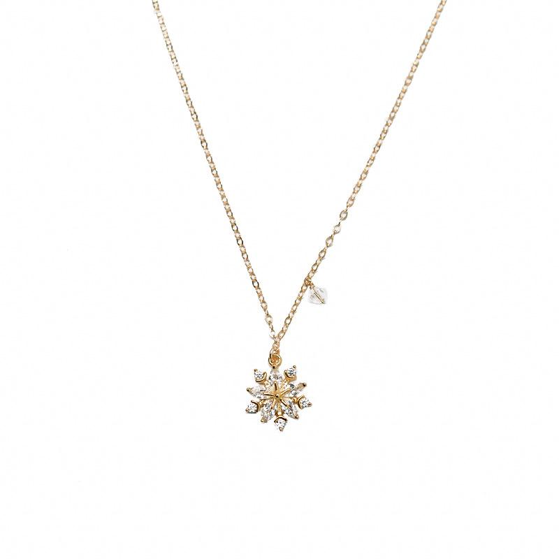 

925 Sterling Silver 14K Gold Plated Shiny Zircon Snowflake Elegant Wedding Necklace Clavicle Chain Jewelry for Women Gift