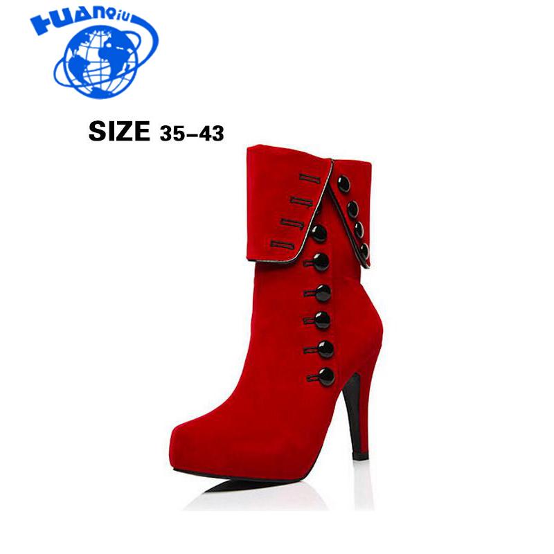 

HUANQIU 35-43 Large Size European And American Suede Row Button High Heel Ankle Boots Red Women's Boots wyq263, Black