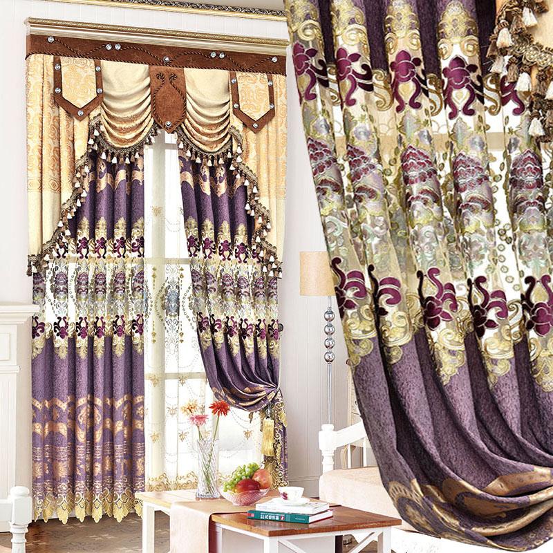 

Custom curtains High-grade thick chenille luxury European embroidery purple cloth blackout curtain tulle valance drape, Tulle sheer