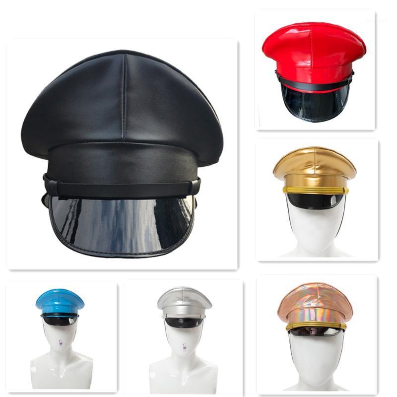 

Wide Brim Hats PU Leather Hat Performance Stage Show Night Bar Cap Captain Nightclub Security Guard For Adult Men Women1, Black