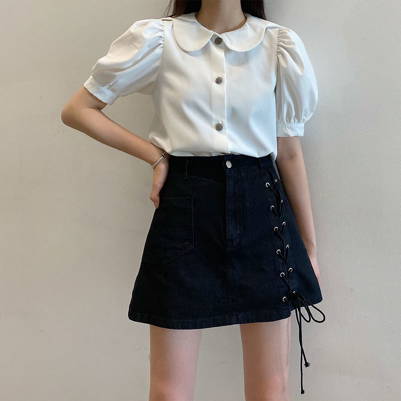 

2021 New Summer tops peter collar short Women' sleeve puff sleeves shirt blouses (X1486) U83O, White