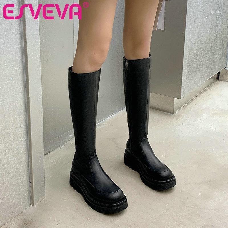 

ESVEVA 2021 PU Leather Zipper All Match Knee High Boots Round Toe Autumn Winter Fashion Women Long Boots Size 34-431, Beige plush