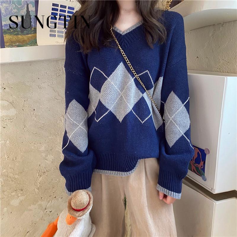 

Sungtin Plaid Argyle Pullover Sweater Women Winter V Neck Thick Korean Loose Sweater Female Oversize Casual Knitted Jersey Mujer, Gray
