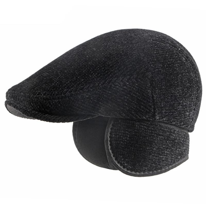 

HT3438 Beret Cap Men Winter Hat Ivy Newsboy Flat Cap High Quality Thick Warm Knitted Beret Hat Male Black Earflap Men Berets, Solid black