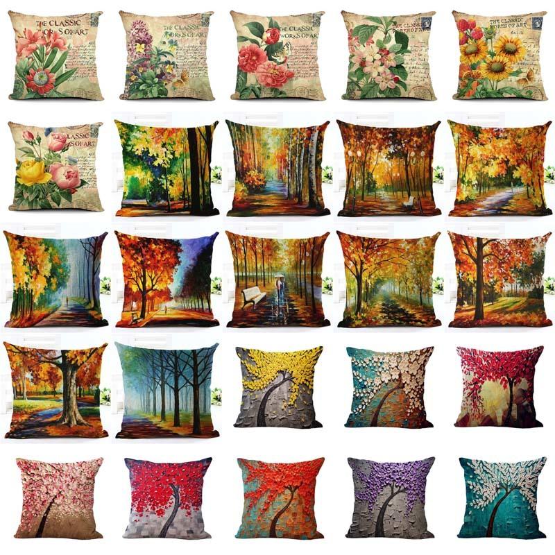 

Scenic Tree Showy and Colorful Cotton Linen Cushion Cover Vintage Style Flower Pattern Quote Pillowcase Waist Throw Pillow Cover