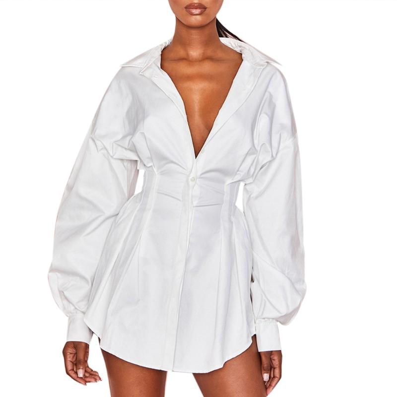 

Women Lantern Sleeve Sexy Lapel Deep V-Neck Mini Blouse Dress Button Down Solid Color Pleated Empire Waist Clubwear, Black