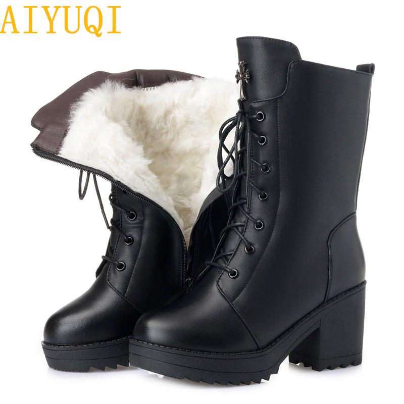 

AIYUQI Women boots 2020 new genuine leather women boots size 35-42 platform female winter wool snow, Black fluff