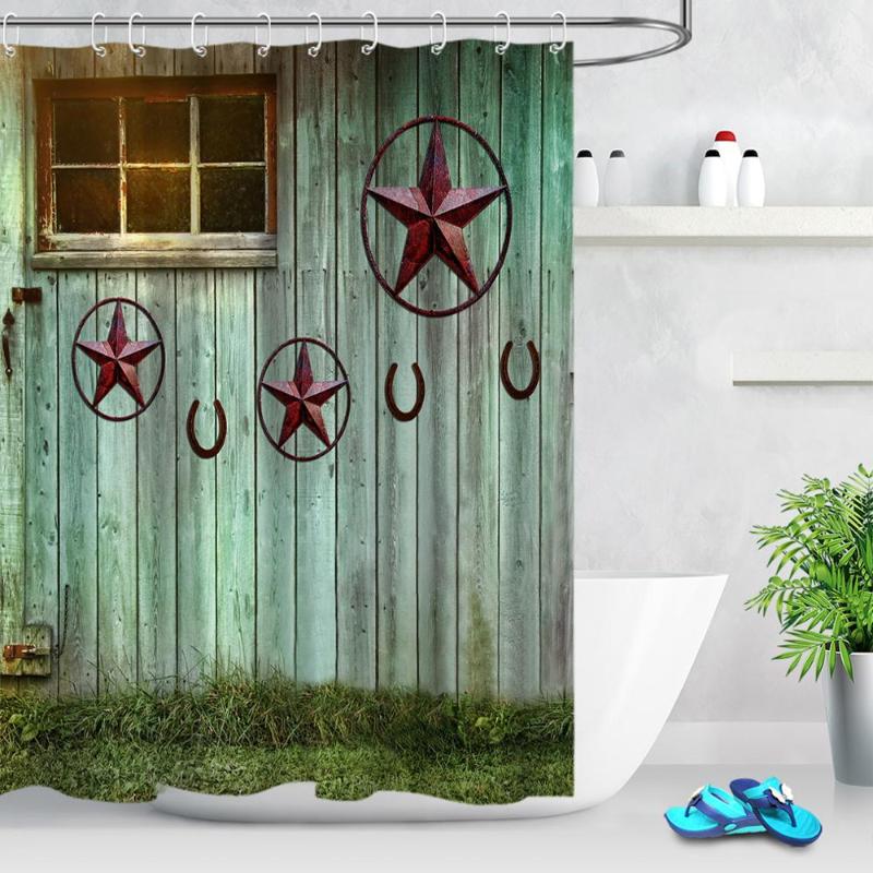 

Vintage Wooden Barn Door Board Fabric Shower Curtains Country Decor Farmhouse Texas Star Rustic Wood Wall Bathroom Curtain