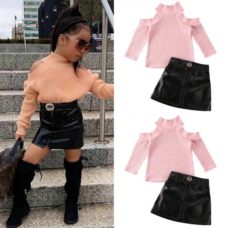 

2PCS Toddler Baby Girl Autumn Winter Clothes long sleeve pink off shoulder Sweater Tops black zipper Mini Skirt Outfits Set J1204